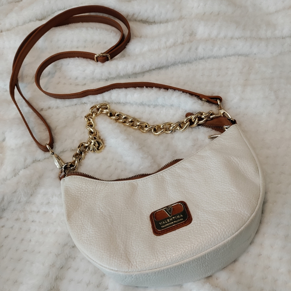 Valentina Cream and Tan Crossbody Bag with Gold Chain